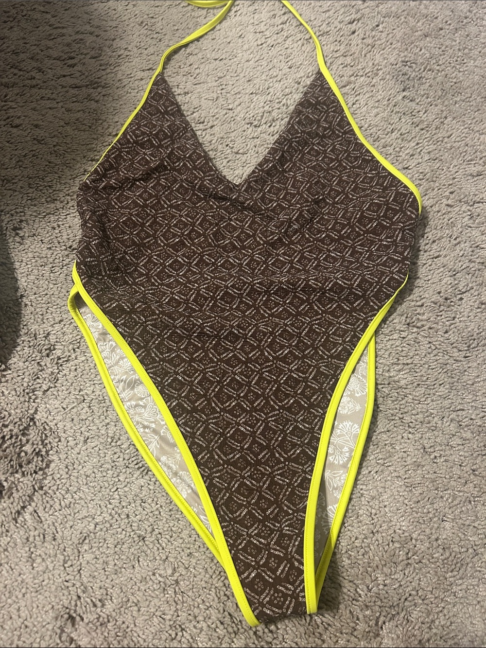 Free People Brown One-Piece Swimsuit with Neon Yellow Trim